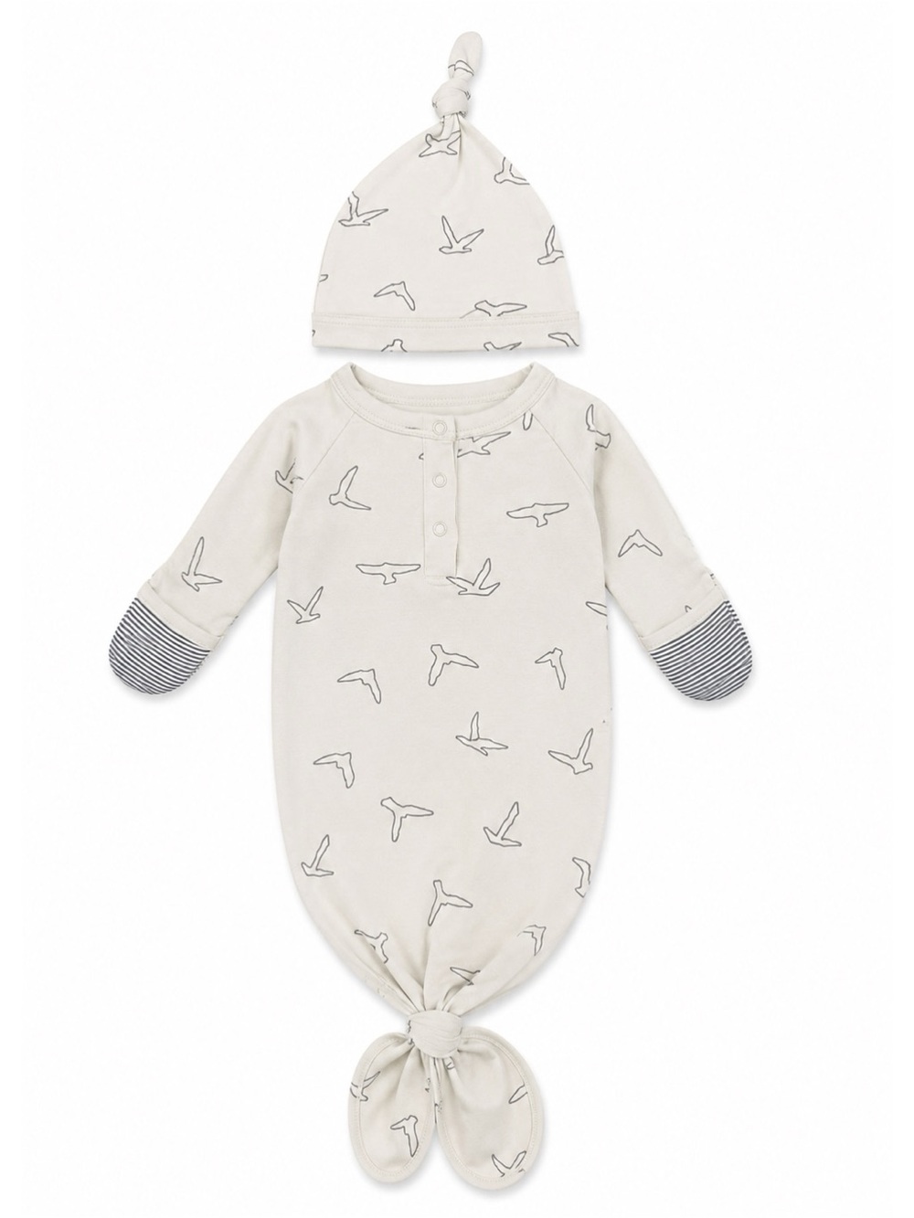 Goumi Unisex Cream Gray Seagull Print Going Home Knotted Gown & Hat Set 0-3M